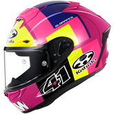 Replica F-17 Aleix 2 Pink motorcycle helmet with purple, yellow and black accents on a white background