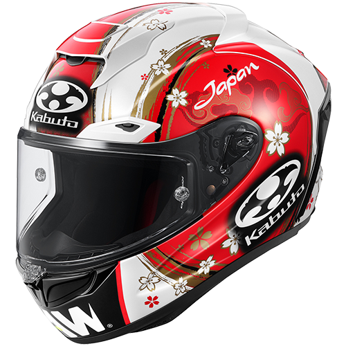 Limited Edition Alexi Espargaro Red and white livery motorcycle helmet with floral design and 'Kabuto' branding on a white background