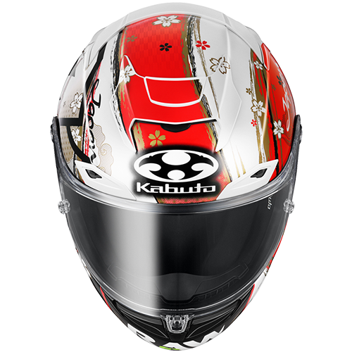 Limited Edition Alexi Espargaro Red and white livery motorcycle helmet with floral design and 'Kabuto' branding on a white background