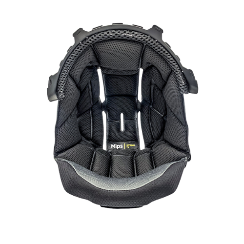 Black helmet internal padding with Mips technology on a white background