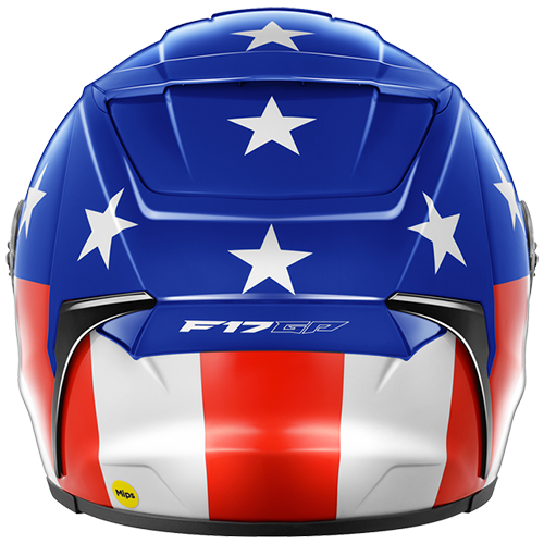 Kabuto F-17 GP Mips F1776 motorcycle helmet with American flag design on a white background