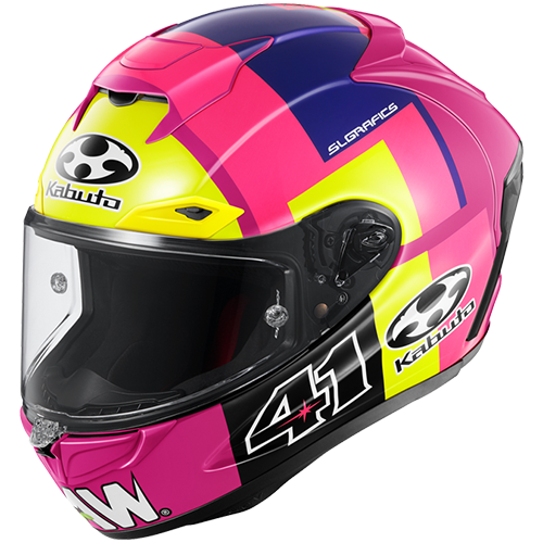 Replica F-17 Aleix 2 Pink motorcycle helmet with purple, yellow and black accents on a white background