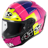 Replica F-17 Aleix 2 Pink motorcycle helmet with purple, yellow and black accents on a white background
