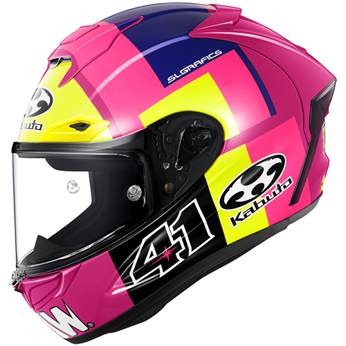 Replica F-17 Aleix 2 Pink motorcycle helmet with purple, yellow and black accents on a white background