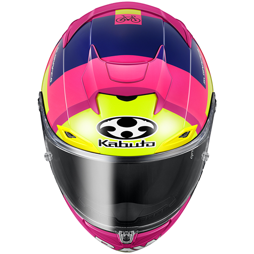 Replica F-17 Aleix 2 Pink motorcycle helmet with purple, yellow and black accents on a white background