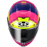 Replica F-17 Aleix 2 Pink motorcycle helmet with purple, yellow and black accents on a white background