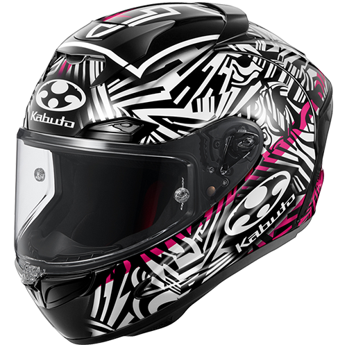 F-17 Aleix Black, white, and pink Replica motorcycle helmet with Kabuto logo on a white background