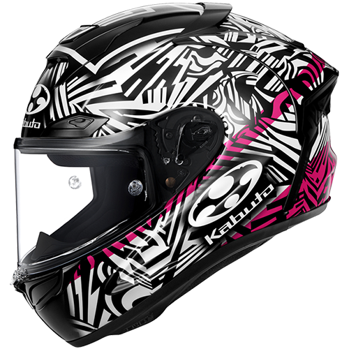 F-17 Aleix Black, white, and pink Replica motorcycle helmet with Kabuto logo on a white background