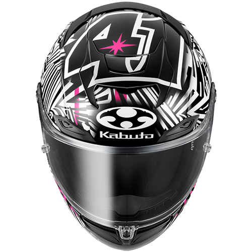 F-17 Aleix Black, white, and pink Replica motorcycle helmet with Kabuto logo on a white background