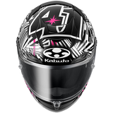 F-17 Aleix Black, white, and pink Replica motorcycle helmet with Kabuto logo on a white background
