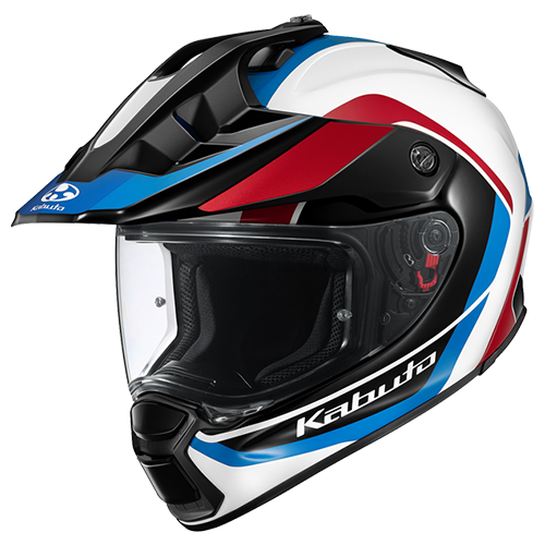 Kabuto Block Motorcycle helmet with red, white, and blue design on a white background