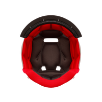 Close-up of a red and black GEOSYS helmet interior padding on a white background