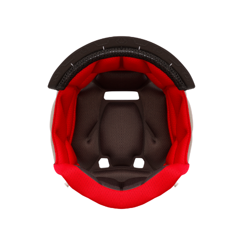 Close-up of a red and black GEOSYS helmet interior padding on a white background