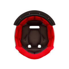 Close-up of a red and black GEOSYS helmet interior padding on a white background