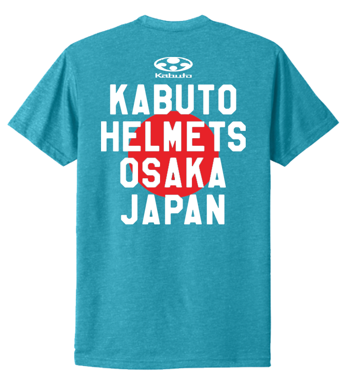 Bondi Blue t-shirt with 'Kabuto Helmets Osaka Japan' text and logo on a white background