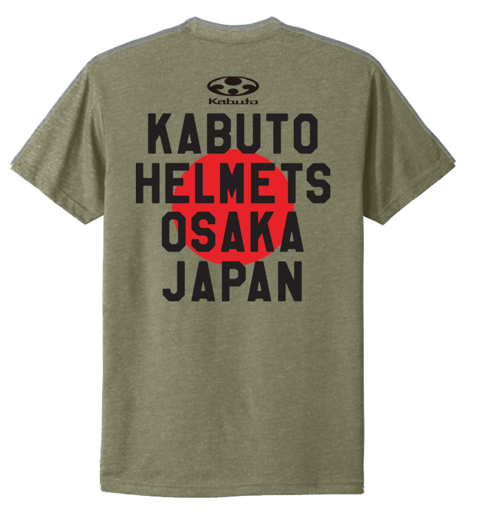 Olive Green t-shirt with 'Kabuto Helmets Osaka Japan' text on a white background