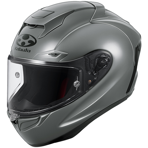 Nardo Gray Kabuto F-17 motorcycle helmet with clear visor on a white background