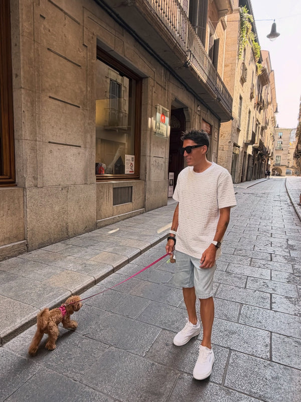 Walking a small dog down a stone-paved street