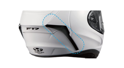 White F-17 Kabuto helmet showcasing the wake stabilizer pat feature.